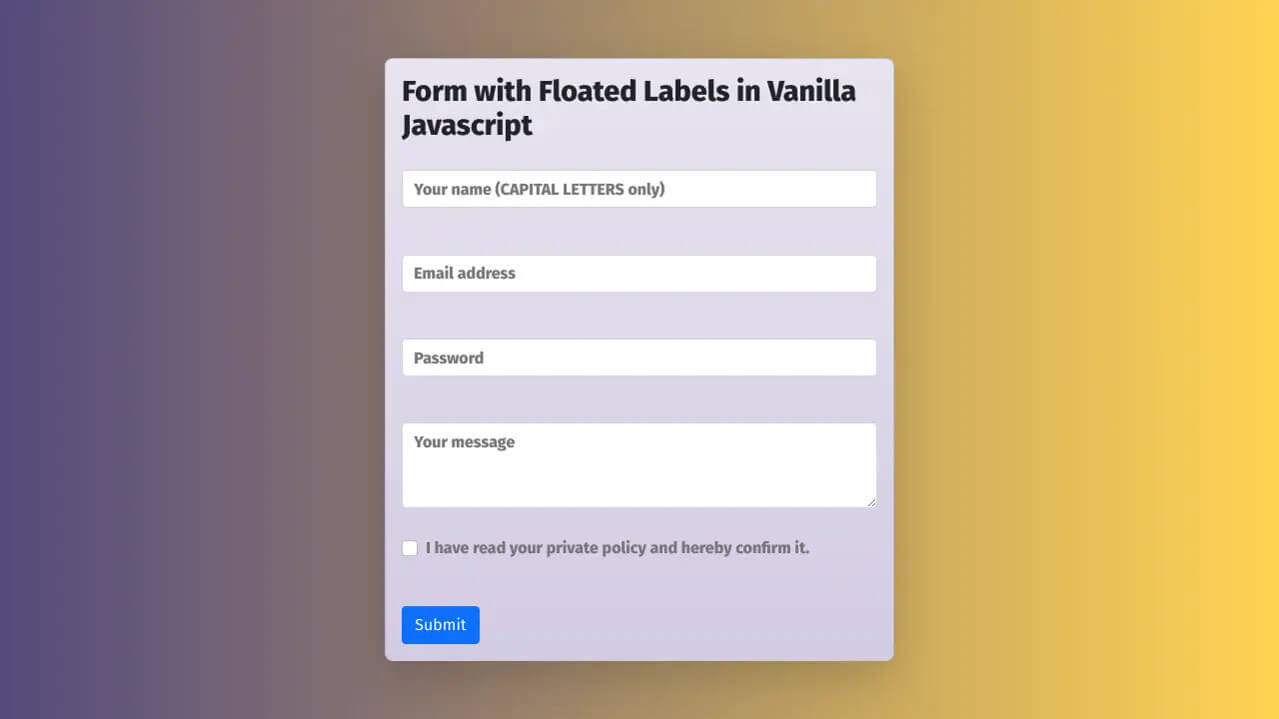 Vanilla JS Form Validation Floating Labels Imgs